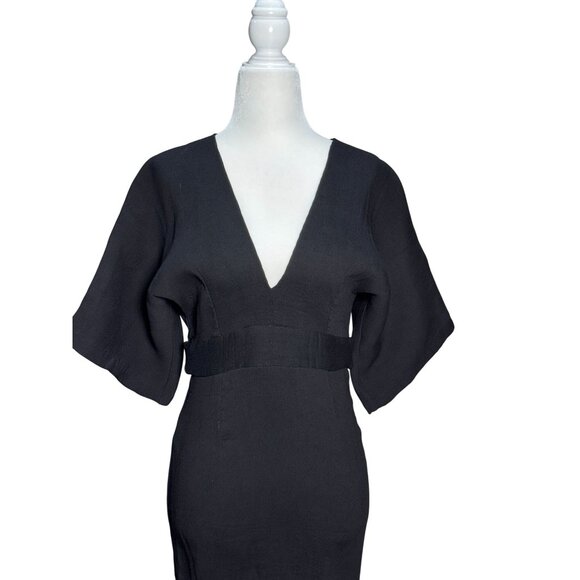 NEW Black Ribbed Midi Elegant 2 Cut out Open Back V-Neck Party Style Dress - Picture 3 of 15